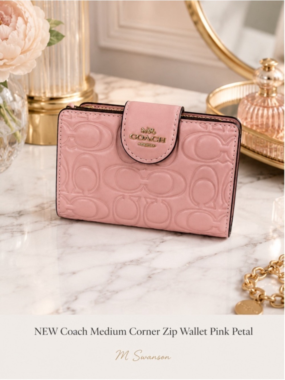 NEW Coach Signature Leather Medium Corner Zip Wallet Pink Petal CZ341 NWT